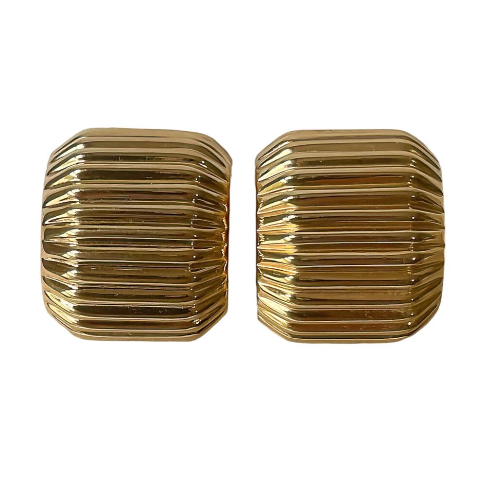 90s Joan Rivers Gold Plate Ribbed Curved Rectangular Shrimp Style Clip Earrings